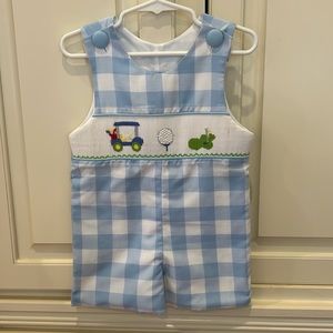 Three Sisters brand smocked golf romper - Boys, plaid, blue and white.